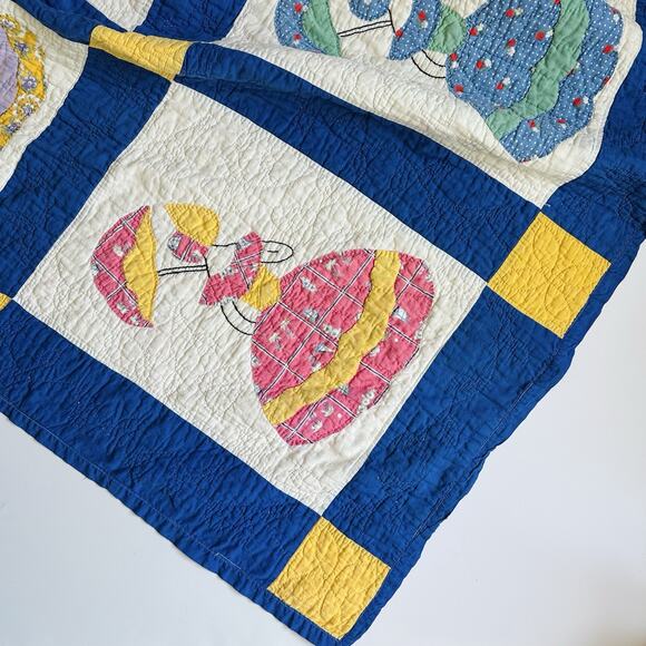 Vintage Parasol Ladies Quilt Hand Stitched Appliqués Blue Border Twin 74”X91” - Picture 1 of 16